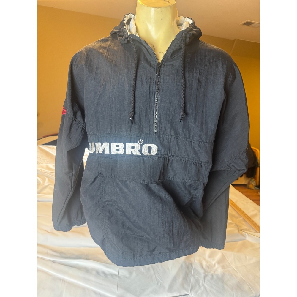 Vintage 90s Umbro Spellout Anorak Windbreaker Jacket XL Navy Hooded